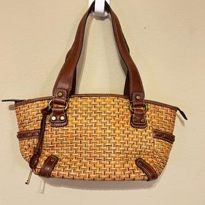 Vintage FOSSIL Brown Leather Woven Basket Bag Handbag Purse w/ Key Charm